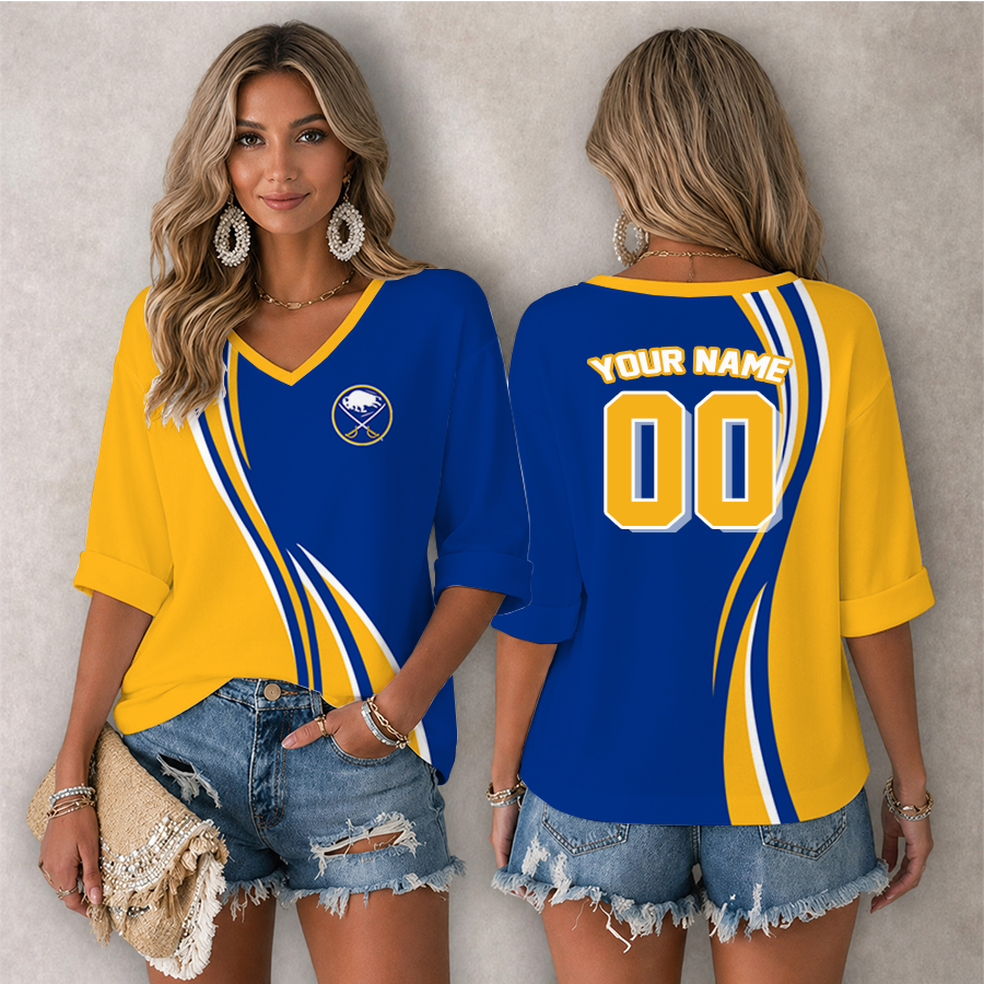 [SUPER SALE] NEW CUSTOMIZED NHL28 BFS BUFFALO SABRES WOMEN'S HEART V-NECK LONG SLEEVE SHIRT