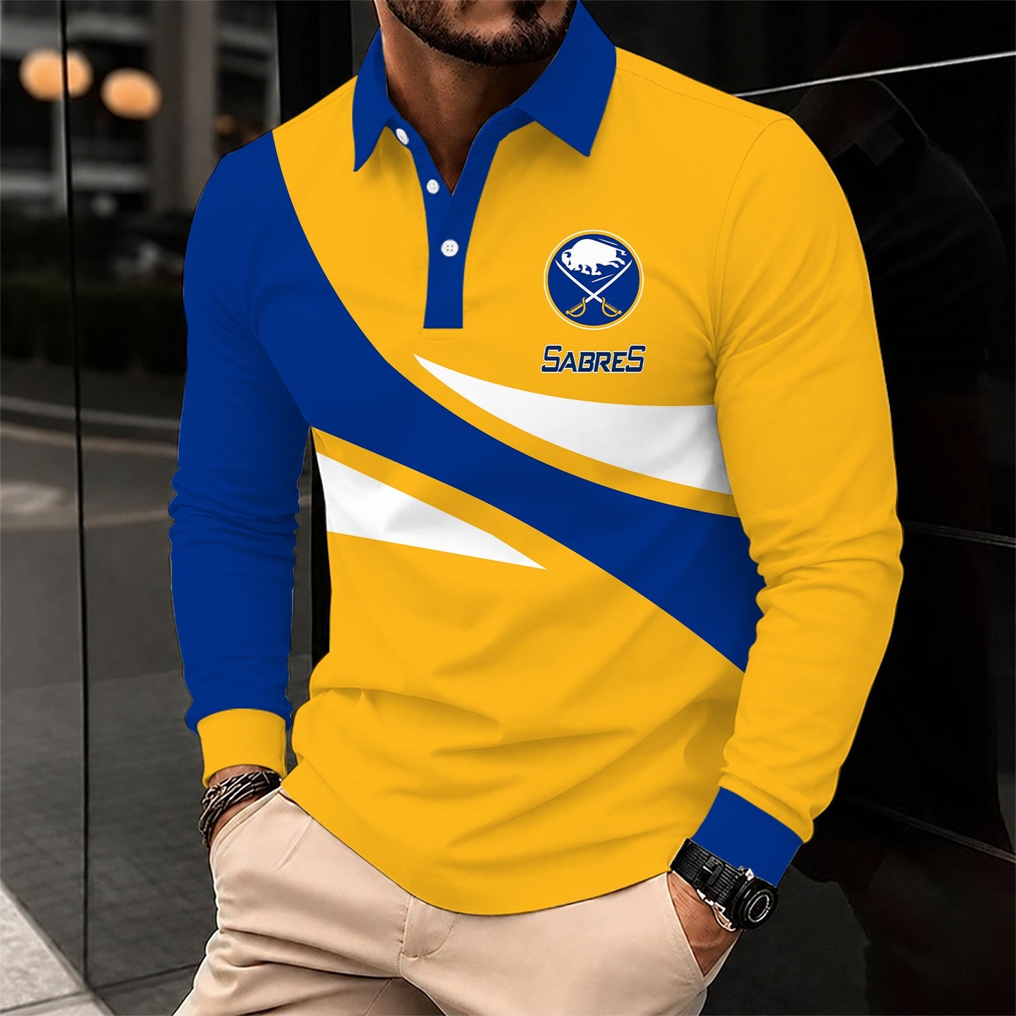 [SUPER SALE] NEW CUSTOMIZED NHL28 BFS BUFFALO SABRES MEN LONG SLEEVE POLO