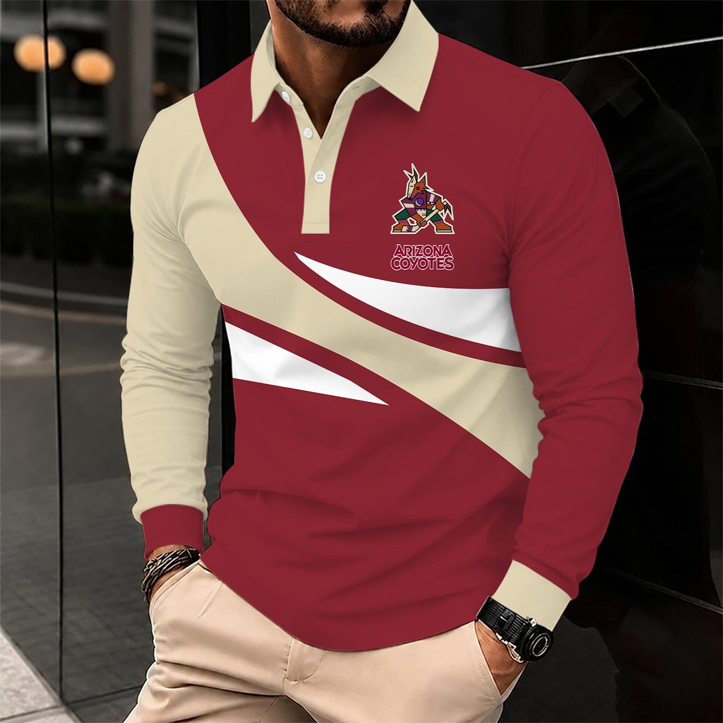 [SUPER SALE] NEW CUSTOMIZED NHL30 AZC ARIZONA COYOTES MEN LONG SLEEVE POLO