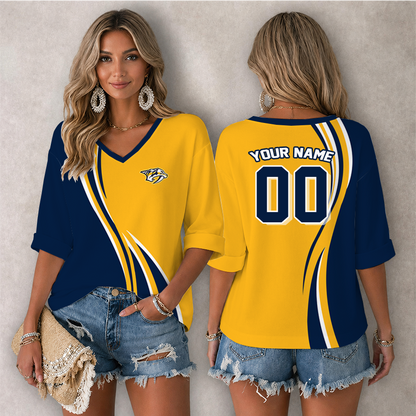 [SUPER SALE] NEW CUSTOMIZED NHL31 NVP NASHVILLE PREDATORS WOMEN'S HEART V-NECK LONG SLEEVE SHIRT