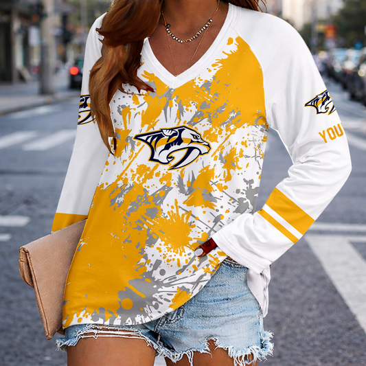[SUPER SALE] NEW CUSTOMIZED NHL31 NVP NASHVILLE PREDATORS WOMEN'S V-NECK LONG SLEEVED SHIRT