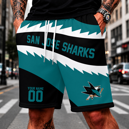 [SUPER SALE] NEW CUSTOMIZED NHL32 SJS SAN JOSE SHARKS SHORT PANTS