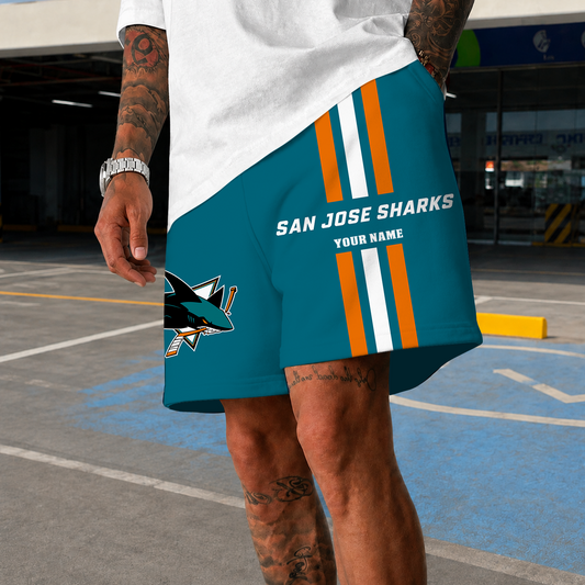 [SUPER SALE] NEW CUSTOMIZED NHL32 SJS SAN JOSE SHARKS SHORT PANTS