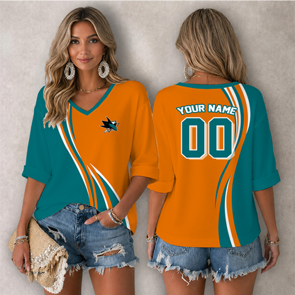 [SUPER SALE] NEW CUSTOMIZED NHL32 SJS SAN JOSE SHARKS WOMEN'S HEART V-NECK LONG SLEEVE SHIRT