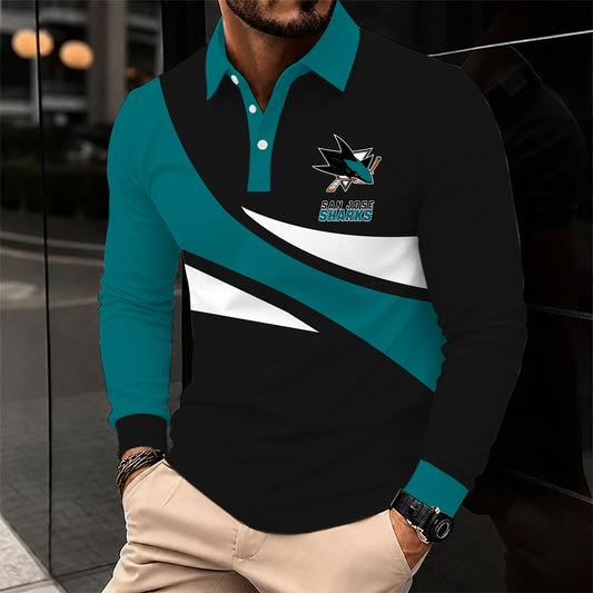 [SUPER SALE] NEW CUSTOMIZED NHL32 SJS SAN JOSE SHARKS MEN LONG SLEEVE POLO