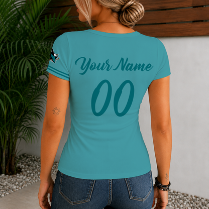 [SUPER SALE] NEW CUSTOMIZED NHL32 SJS SAN JOSE SHARKS WOMEN'S SHORT SLEEVE HENLEY T-SHIRT