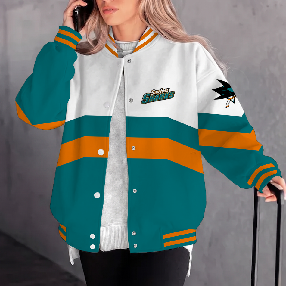 [SUPER SALE] NEW CUSTOMIZED NHL32 SJS SAN JOSE SHARKS SATIN VARSITY JACKET & BASEBALL JACKET