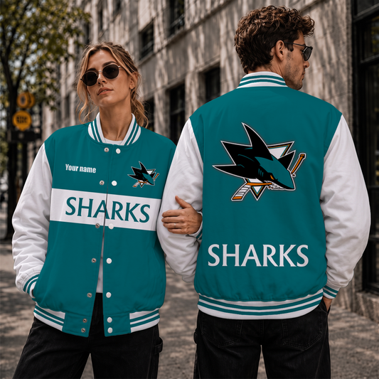 [SUPER SALE] NEW CUSTOMIZED NHL32 SJS SAN JOSE SHARKS SATIN VARSITY JACKET & BASEBALL JACKET