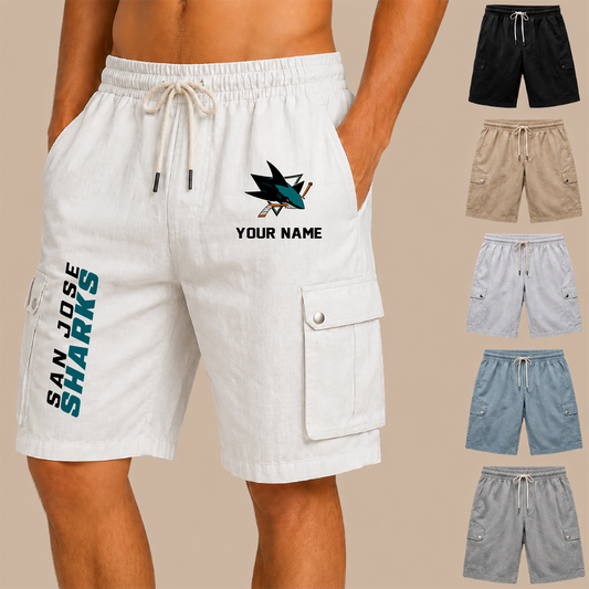 [SUPER SALE] NEW CUSTOMIZED NHL32 SJS SAN JOSE SHARKS MEN'S DRAWSTRING CARGO SHORTS