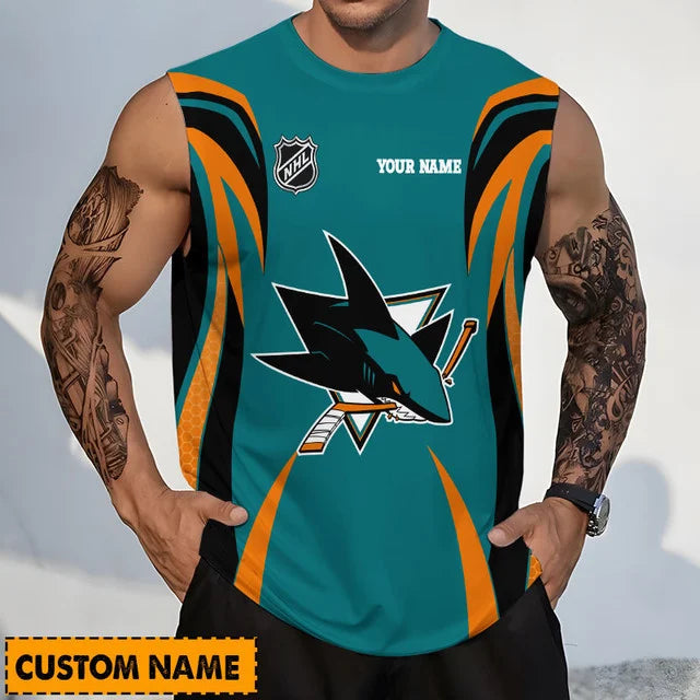 LIMITED EDITION - NEW CUSTOMIZED NHL32 SJS SAN JOSE SHARKS TANK TOP & GYM SHIRT
