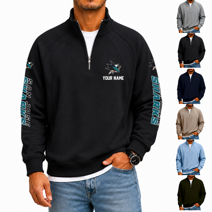 [SUPER SALE] NEW CUSTOMIZED NHL32 SJS SAN JOSE SHARKS MEN'S QUARTER ZIP PULLOVER