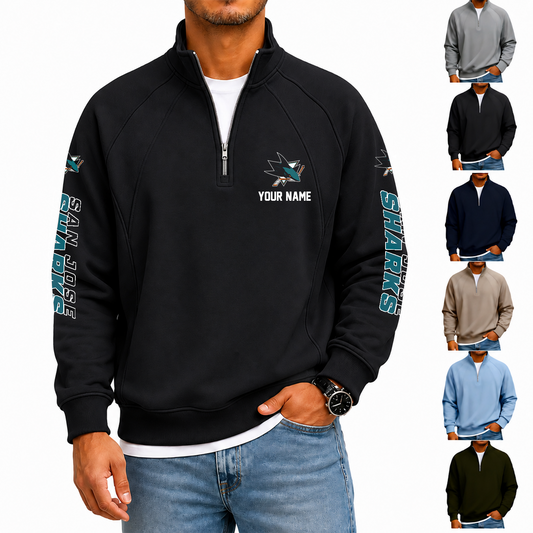 [SUPER SALE] NEW CUSTOMIZED NHL32 SJS SAN JOSE SHARKS MEN'S QUARTER ZIP PULLOVER