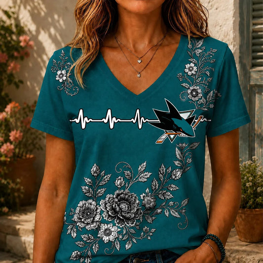 [SUPER SALE] NEW CUSTOMIZED NHL32 SJS SAN JOSE SHARKS V-NECK FEMALE SHIRT