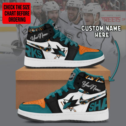[SUPER SALE] NEW CUSTOMIZED NHL32 SJS SAN JOSE SHARKS AIR JORDAN SNEAKERS