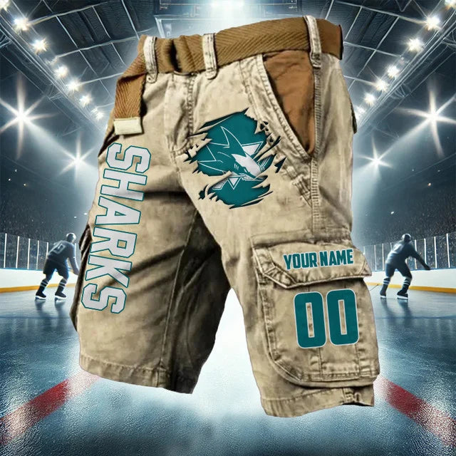 [SUPER SALE] NEW CUSTOMIZED NHL32 SJS SAN JOSE SHARKS CARGO SHORTS