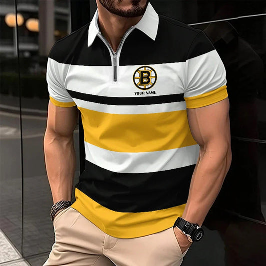 [SUPER SALE ] NEW CUSTOMIZED NHL02 BTB BOSTON BRUINS ZIP POLO SHIRT