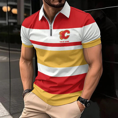 [SUPER SALE ] NEW CUSTOMIZED NHL17 CGF CALGARY FLAMES ZIP POLO SHIRT
