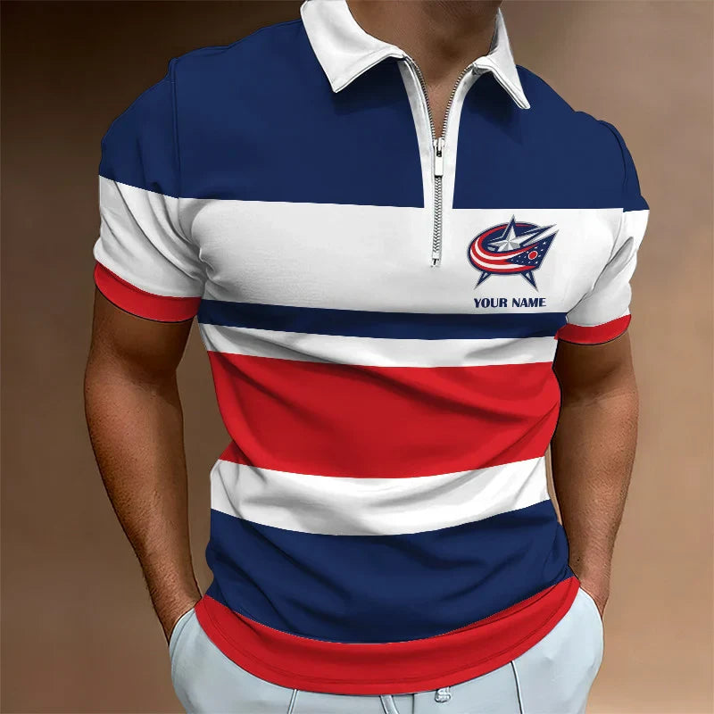 [SUPER SALE ] NEW CUSTOMIZED NHL18 CBJ COLUMBUS BLUE JACKETS ZIP POLO SHIRT