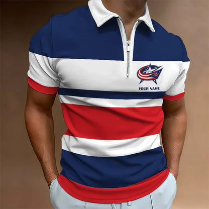 [SUPER SALE ] NEW CUSTOMIZED NHL18 CBJ COLUMBUS BLUE JACKETS ZIP POLO SHIRT