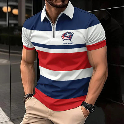 [SUPER SALE ] NEW CUSTOMIZED NHL18 CBJ COLUMBUS BLUE JACKETS ZIP POLO SHIRT
