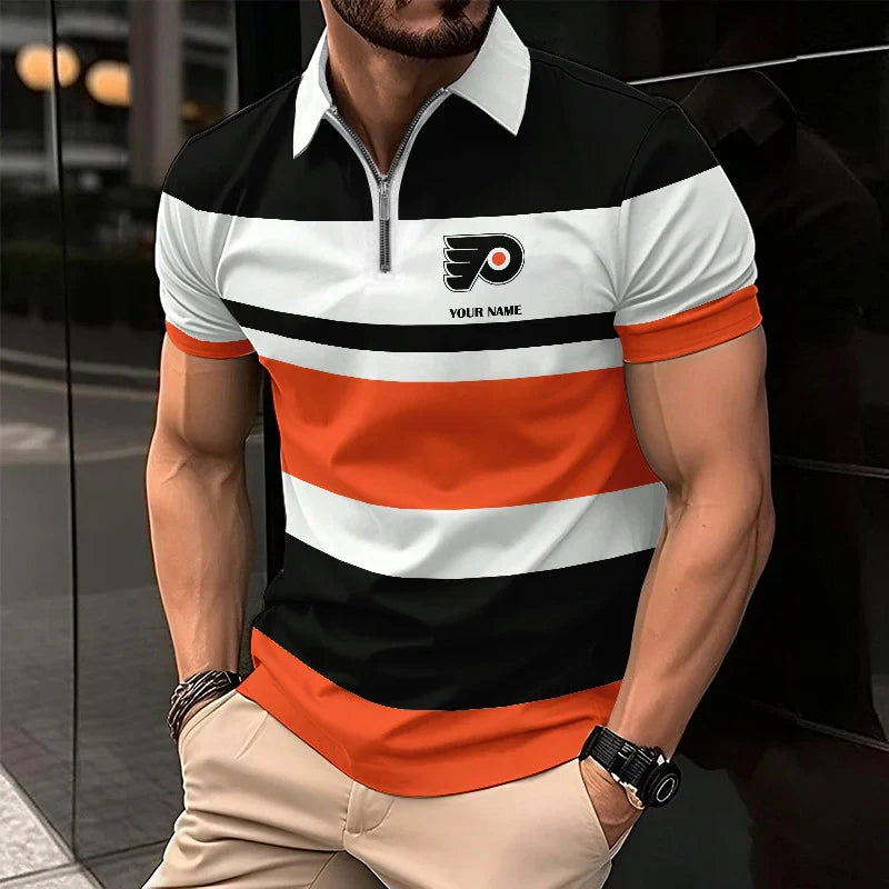 [SUPER SALE ] NEW CUSTOMIZED NHL27 BFS PHILADELPHIA FLYERS ZIP POLO SHIRT