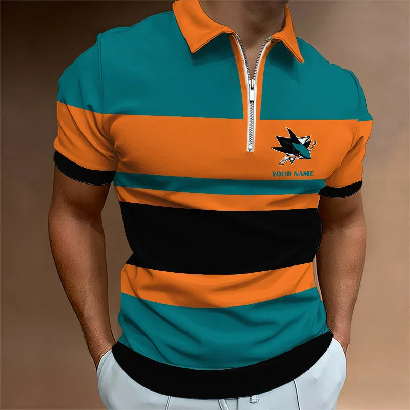 [SUPER SALE ] NEW CUSTOMIZED NHL32 SJS SAN JOSE SHARKS ZIP POLO SHIRT