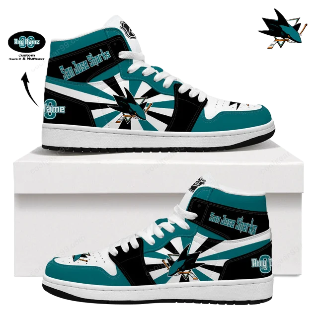 [SUPER SALE] NEW CUSTOMIZED NHL32 SJ SHARKS AIR JORDAN SNEAKERS