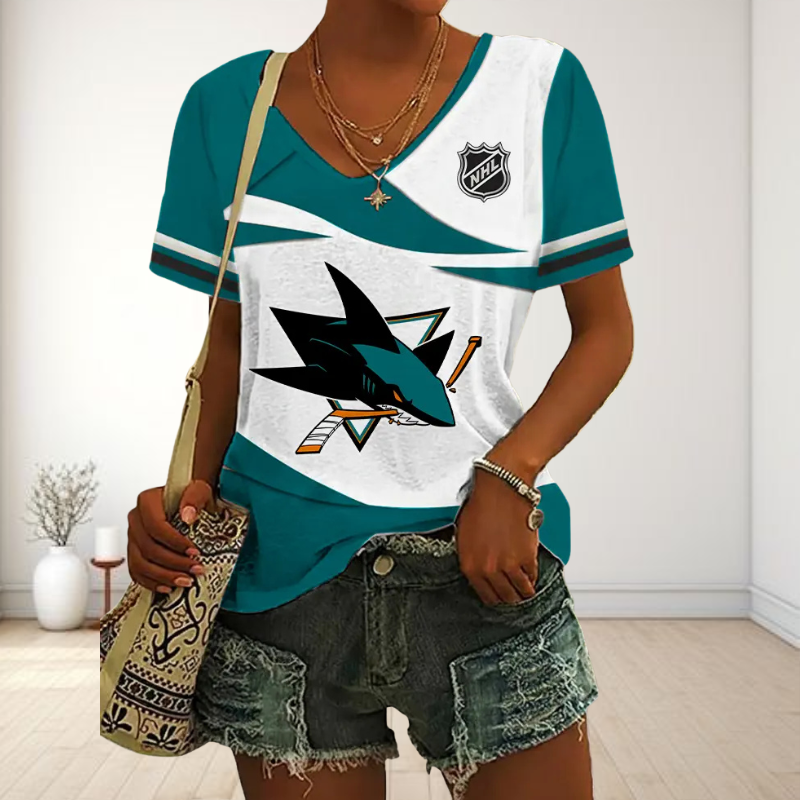 [SUPER SALE] NEW CUSTOMIZED NHL32 SJS SAN JOSE SHARKS V-NECK FEMALE SHIRT