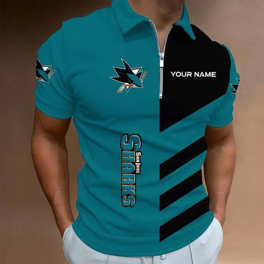 LIMITED EDITION - NEW CUSTOMIZED NHL32 SJS SAN JOSE SHARKS ZIP POLO SHIRT