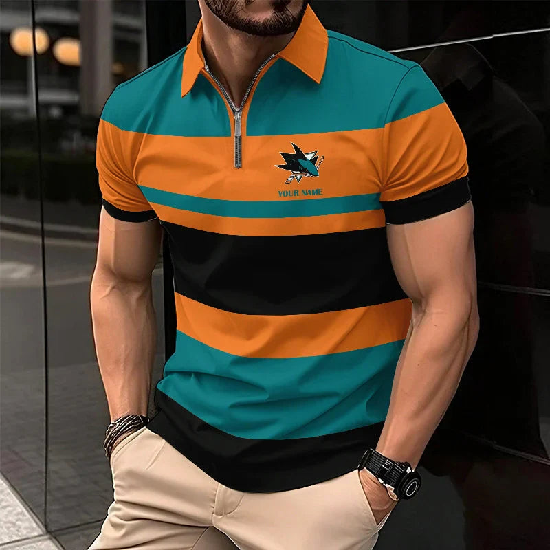 [SUPER SALE ] NEW CUSTOMIZED NHL32 SJS SAN JOSE SHARKS ZIP POLO SHIRT