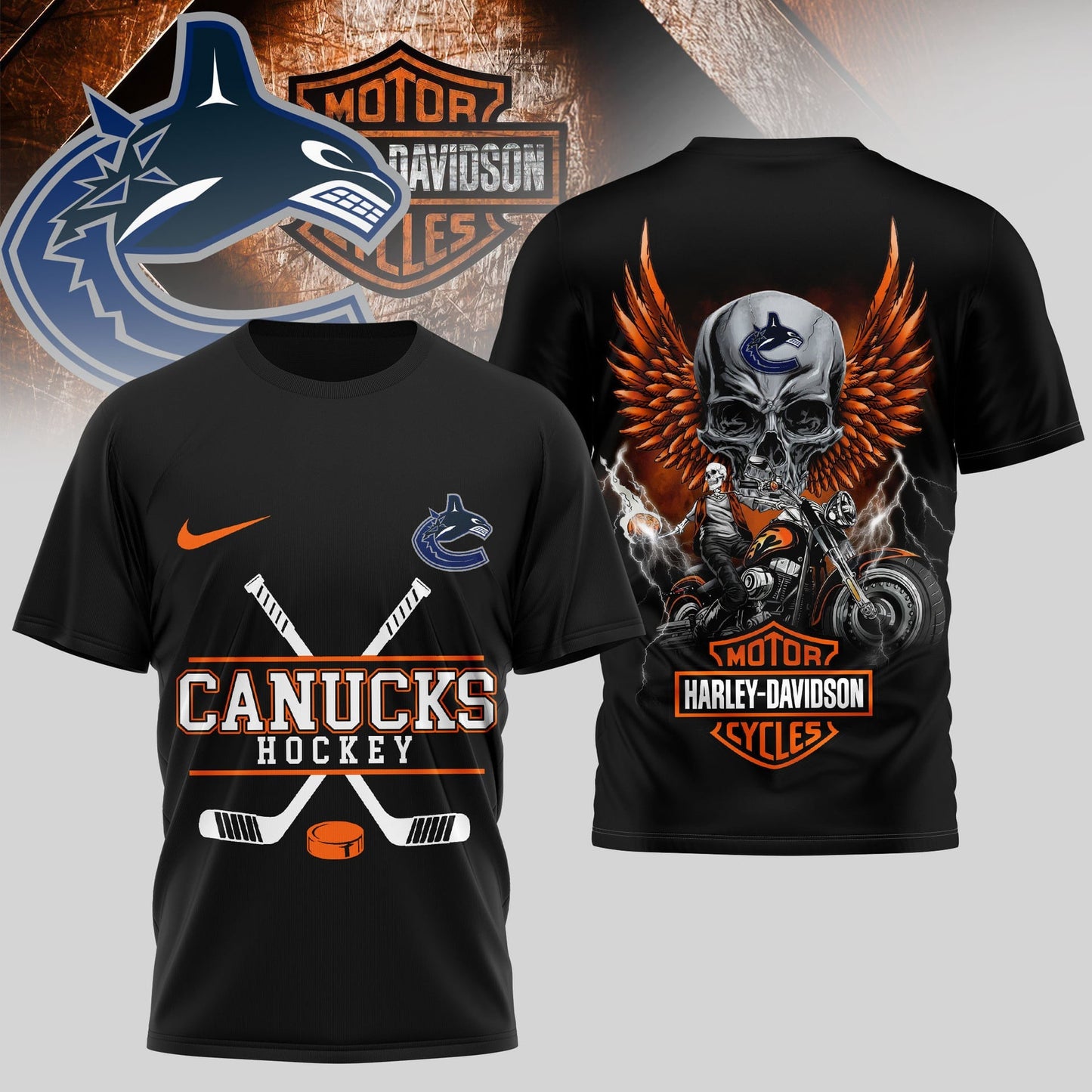 LIMITED EDITION - NEW CUSTOMIZED NHL19 VCC VANCOUVER CANUCKS x HARLEY DAVIDSON UNISEX T-SHIRT